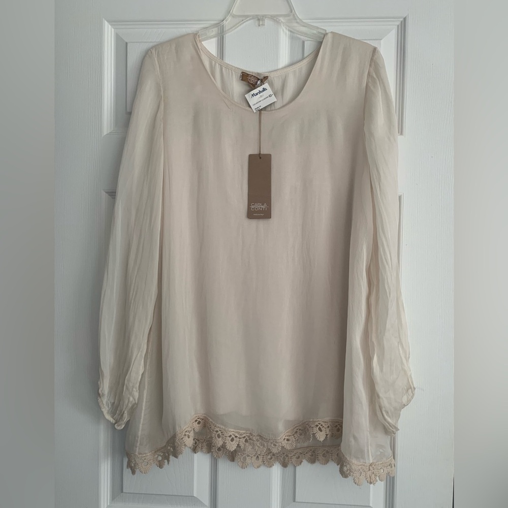 Carla Conti 100% Silk Chalk Tan Pullover Crochet Hem Boho Top Womens Large New
